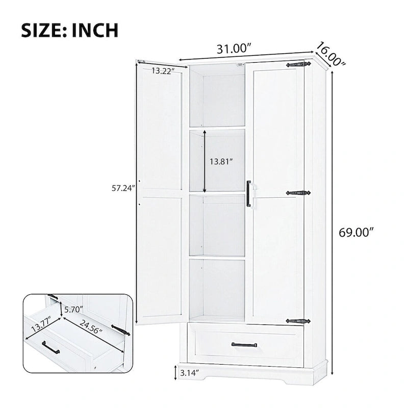 Meuble de salle de bain haut, meuble avec deux portes et un tiroir, étagère réglable, panneau MDF, blanc