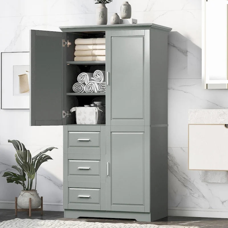 Meuble de rangement haut et large avec portes pour salle de bain/bureau, trois tiroirs, gris