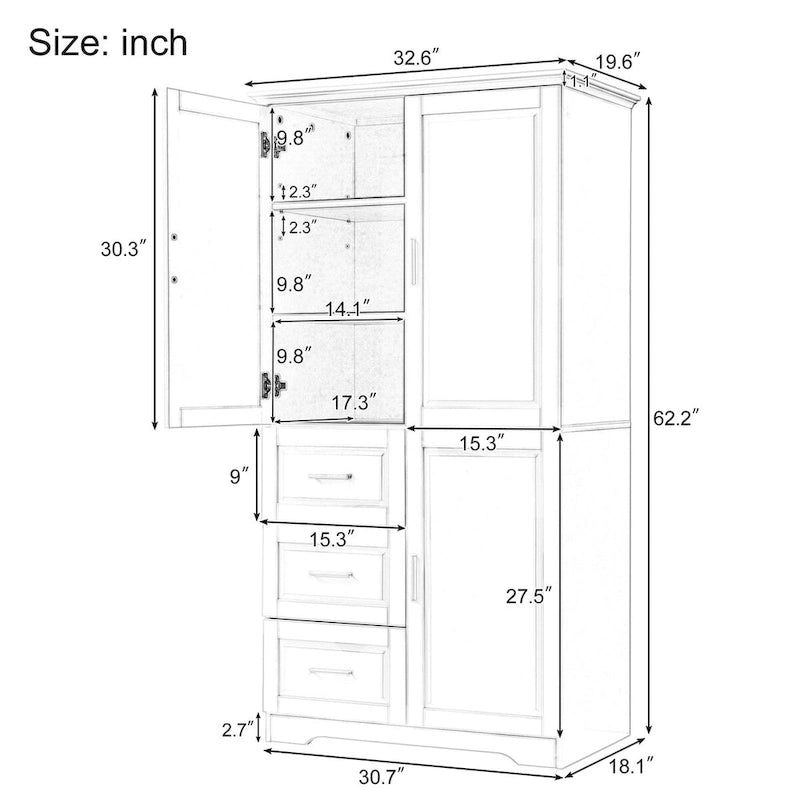 Meuble de rangement haut et large avec portes pour salle de bain/bureau, trois tiroirs, gris