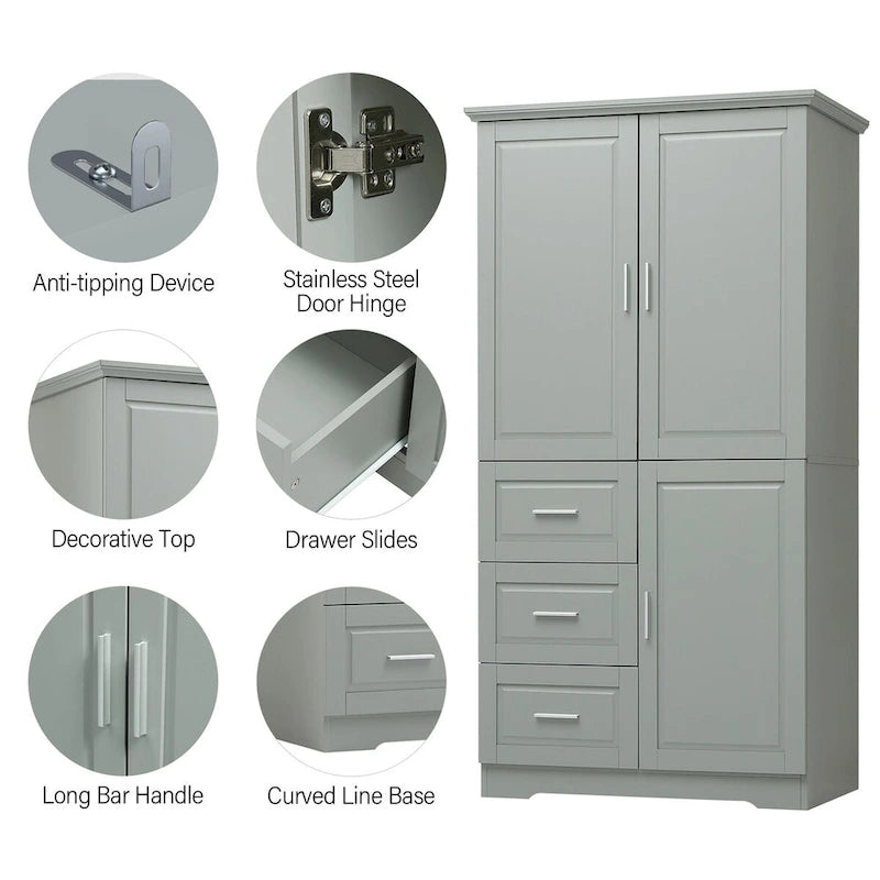 Meuble de rangement haut et large avec portes pour salle de bain/bureau, trois tiroirs, gris