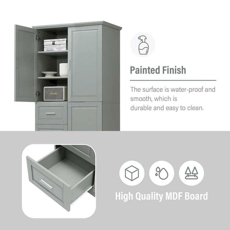 Meuble de rangement haut et large avec portes pour salle de bain/bureau, trois tiroirs, gris