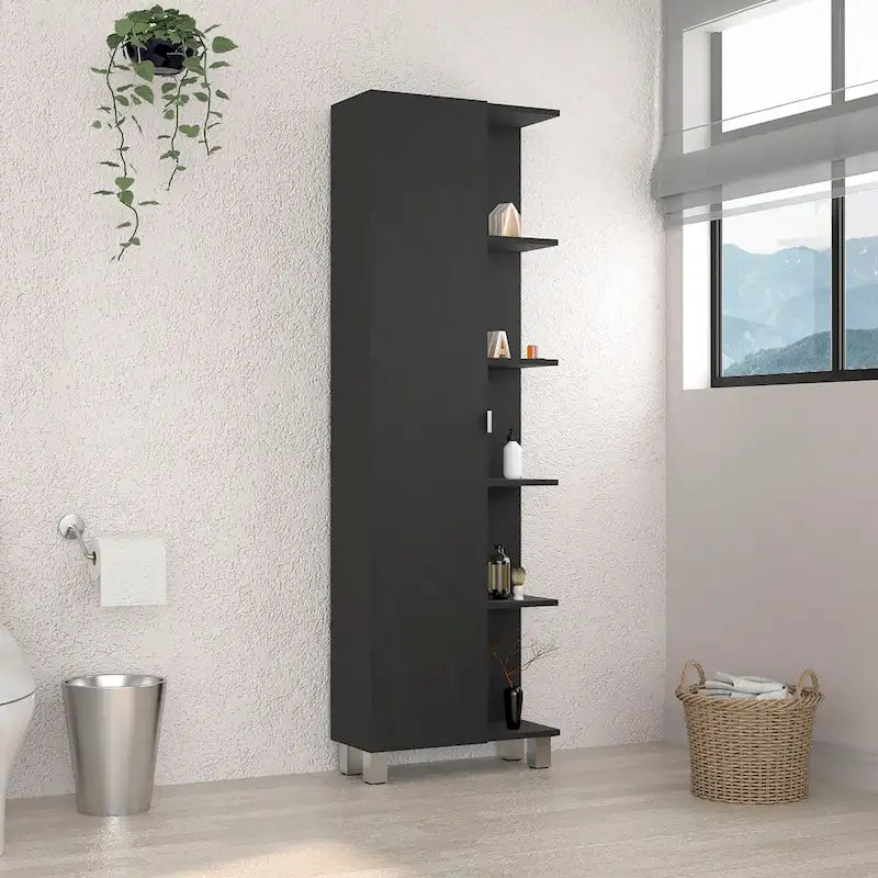 Armoire à linge avec miroir, quatre étagères intérieures, cinq étagères extérieures, noire