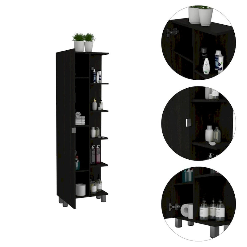 Armoire à linge avec miroir, quatre étagères intérieures, cinq étagères extérieures, noire