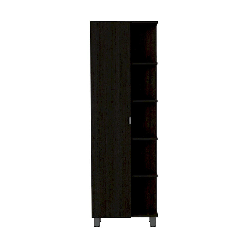 Armoire à linge avec miroir, quatre étagères intérieures, cinq étagères extérieures, noire