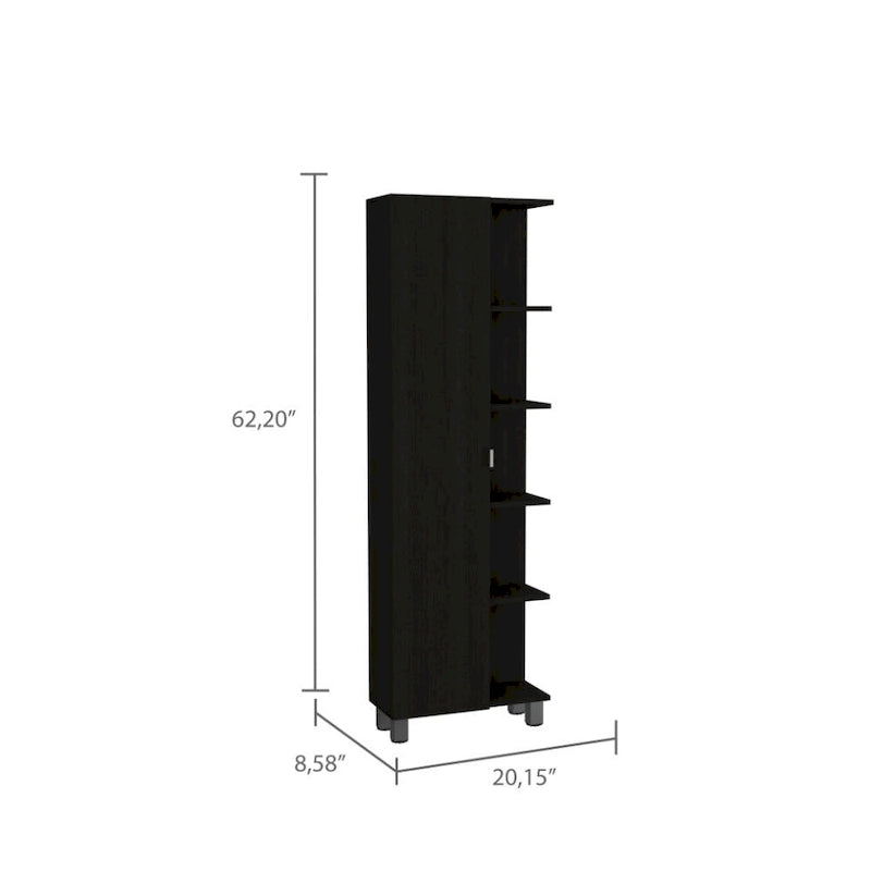 Armoire à linge avec miroir, quatre étagères intérieures, cinq étagères extérieures, noire